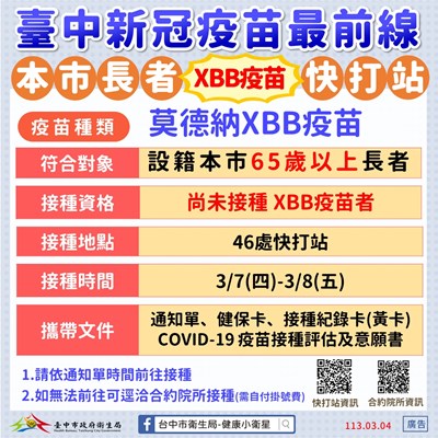 中市3月7日、8日重啟新冠XBB疫苗快打站