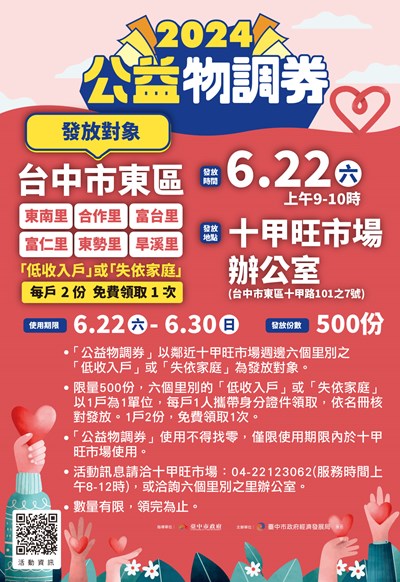 「公益物調券」6月22日於十甲旺市場發放，並僅開放鄰近的六個里別低收入戶或失依家庭