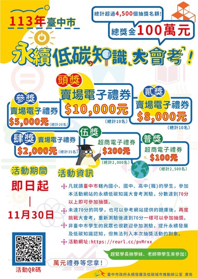 總獎金高達100萬元！「台中市永續低碳知識大會考」再度啟動