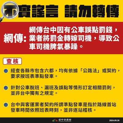 網傳台中因公車誤點罰錢害「司機脾氣壞」？ 中市府澄清：各縣市均依法訂定罰則