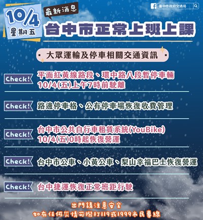 山陀兒颱風警報解除 中市府：紅黃線停放車輛應於10月4日上午7點前駛離