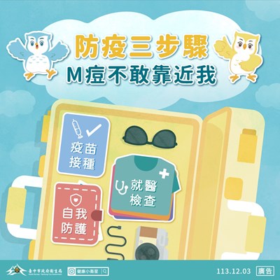 預防M痘三步驟,做好自我防護、完整疫苗接種、有症狀及早就醫
