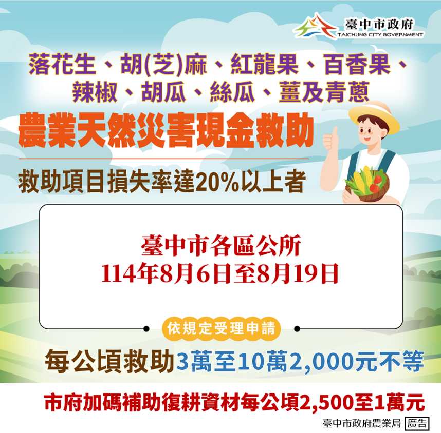 落花生、胡(芝)麻、紅龍果、百香果、辣椒、胡瓜、絲瓜、薑、青蔥等農業天然災害現金救