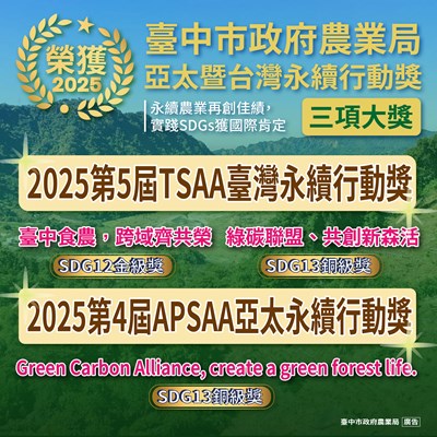 中市永續農業再創佳績 榮獲2025亞太暨台灣永續行動獎1金2銅獎項