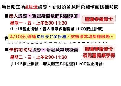 烏日衛生所4月份門診
