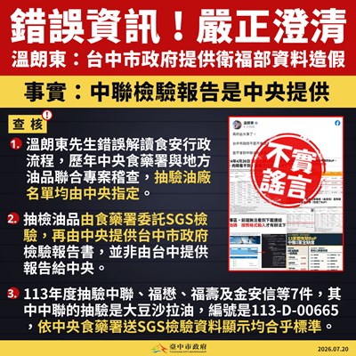 外傳中市府提供中央檢驗資料造假 中市府提公文駁斥：中央送驗的