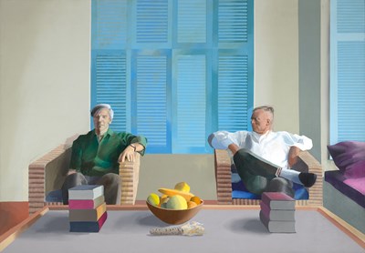 大衛・霍克尼〈克里斯多福・伊舍伍德與唐・巴查迪〉，1968，212.1 x 303.5 公分，壓克力、畫布 © David Hockney. Photo credit_ Jonathan Wilkinson