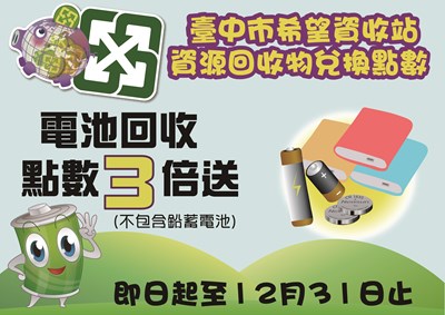 鼓勵回收電池  台中「希望資收站」點數3倍送