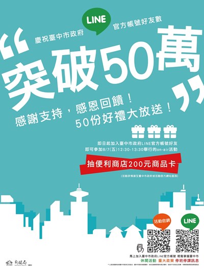 中市府LINE好友人數突破50萬  感恩回饋50份好禮大放送