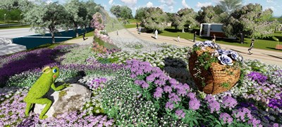 「綺想童話區」策展人王玲玲以愛情及親情為發想，運用不同花卉混色，設計從深到淺的漸層新娘頭紗，是國內首次利用花種配植呈現的裝置藝術。