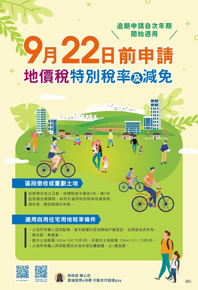 適用地價稅特別稅率或減免者請於9月22日前提出申請！