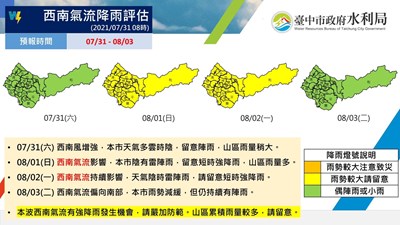 因應西南氣流移入 中市府：積極整備  防範致災性大雨！