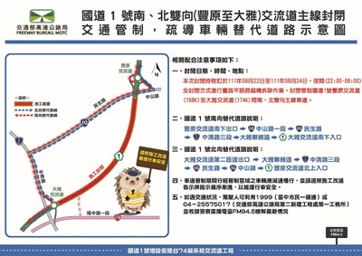 國1豐原至大雅8月22日-24日夜間雙向封閉  中市交通局籲用路人提前改道