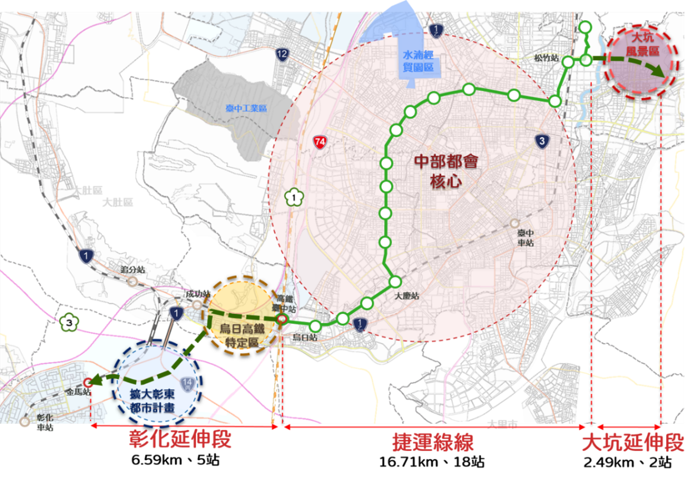 捷運綠線延伸大坑、彰化示意圖