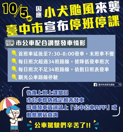 小犬颱風侵襲台中 市區公車明日全面調整行駛班次